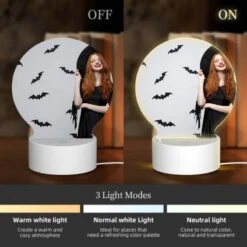 Round Acrylic Night Light, A Woman Wearing A Black Hat And A Black Dress With Bats On The Wall Behind Her. -Pattern Diy Shop b1bd6720481e91842f059855bb813a9143152a01