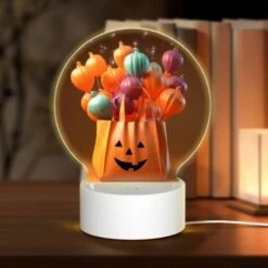Round Acrylic Night Light, A Bag Of Colorful Pumpkins With A Smiling Face On It.