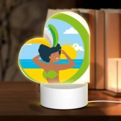 Love Acrylic Night Light, A Woman Wearing A Grass Skirt And A Sun Hat Is Standing On A Beach.