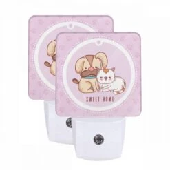 Night Light Set Of 2, A Dog And A Cat Are Sitting Together In A Pink Circle.