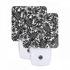 Night Light Set Of 2, A Black And White Image Of A Leafy Plant.