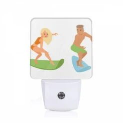 Night Light, A Cartoon Of A Man And A Woman Surfing.