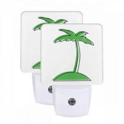 Night Light Set Of 2, A Green Palm Tree With A White Background.