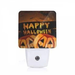 Night Light, Two Pumpkins With A Happy Halloween Sign.