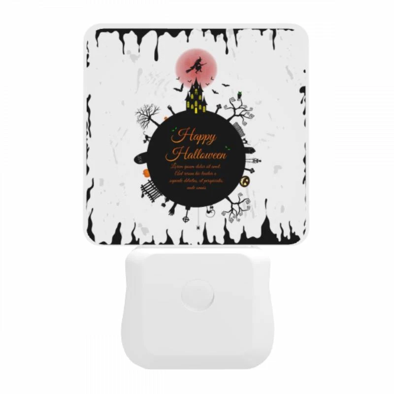 Night Light, A black and white poster with a witch on a broomstick and the words "Happy Halloween" written in orange. Night Light, A Black And White Poster With A Witch On A Broomstick And The Words "Happy Halloween" Written In Orange. -Pattern Diy Shop cd1bdc0600cd331a48c45148000331e474abe696