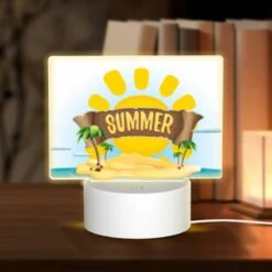 Rectangular Acrylic Night Light, A Cartoon Of A Sunny Beach With The Words "Summer" Written On It.