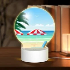 Round Acrylic Night Light, A Beach Scene With Two Umbrellas And Two Chairs.