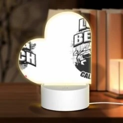 Love Acrylic Night Light, A Black And White Image Of A Beach With The Words "Long Beach" Written On It.