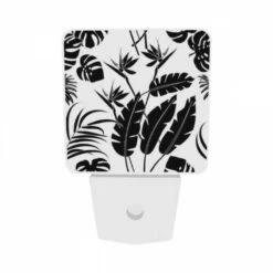 Night Light Set Of 2, A Black And White Image Of A Leafy Plant With A Flower. -Pattern Diy Shop e437453853edcf864608fdfb86d476babfb1b9b1