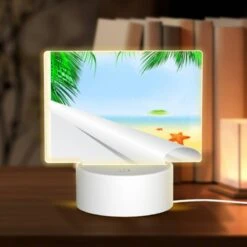 Rectangular Acrylic Night Light, A Painting Of A Beach With Palm Trees And A Starfish.