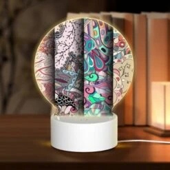 Round Acrylic Night Light, Three Different Colored Paintings Of Trees.