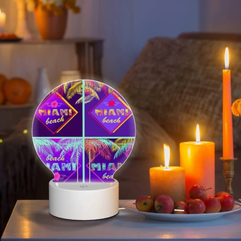 Round Acrylic Night Light, Four different colored images of palm trees and the word "Miami Beach" on them. Round Acrylic Night Light, Four Different Colored Images Of Palm Trees And The Word "Miami Beach" On Them. -Pattern Diy Shop ed2b9af4fdb8ee0abaee7a3974045a0cc1aa8a9f
