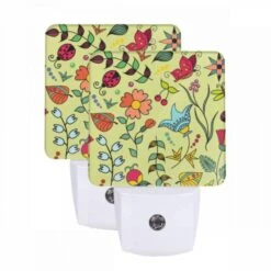 Night Light Set Of 2, A Colorful Flower Pattern With A Bird And A Ladybug.