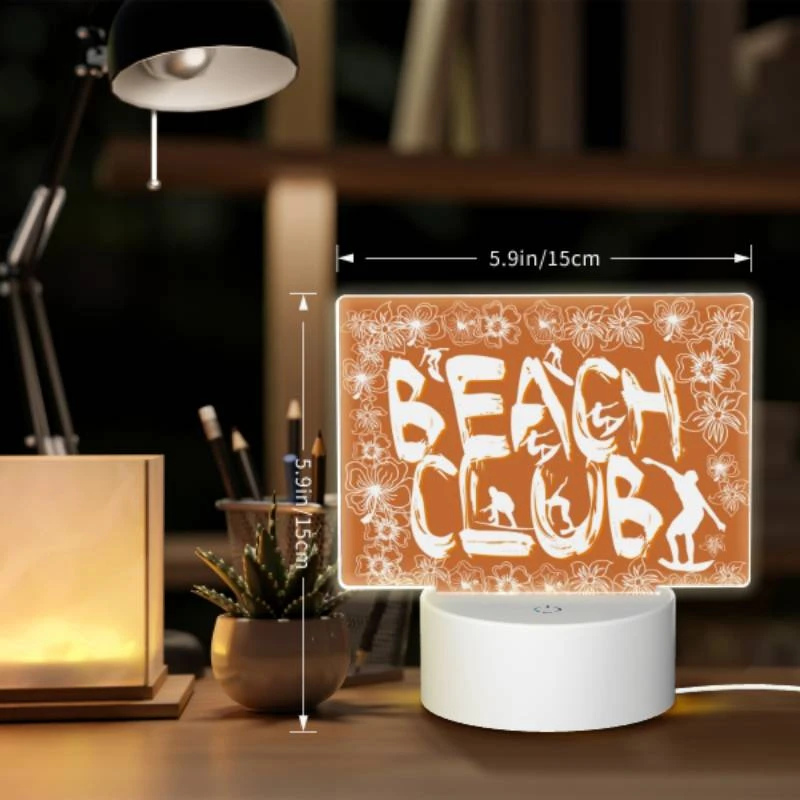 Rectangular Acrylic Night Light, A sign that says "Beach Club" with a picture of a surfer. Rectangular Acrylic Night Light, A Sign That Says "Beach Club" With A Picture Of A Surfer. -Pattern Diy Shop f010f72f66cfaa273b77741c1f89f00a5c14b6a0