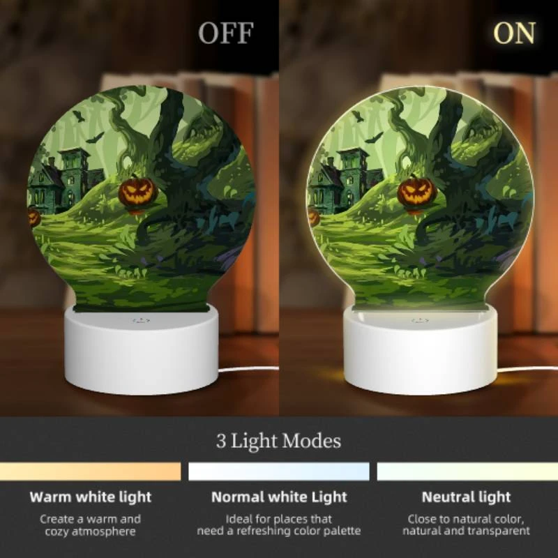 Round Acrylic Night Light, A colorful cartoon scene of a house with a pumpkin on the doorstep and a tree with a pumpkin on it. Round Acrylic Night Light, A Colorful Cartoon Scene Of A House With A Pumpkin On The Doorstep And A Tree With A Pumpkin On It. -Pattern Diy Shop f0937e4d4eeeac83a748075ddd93546e05308d6f