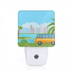 Night Light, A Colorful Cartoon Van Is Driving On A Road Near A Body Of Water.