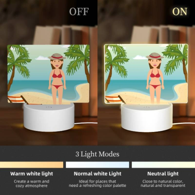 Rectangular Acrylic Night Light, A woman in a red bikini is standing on a sandy beach. Rectangular Acrylic Night Light, A Woman In A Red Bikini Is Standing On A Sandy Beach. -Pattern Diy Shop fdbe1a1d37c2c0ef21848d002055016a420d4f01